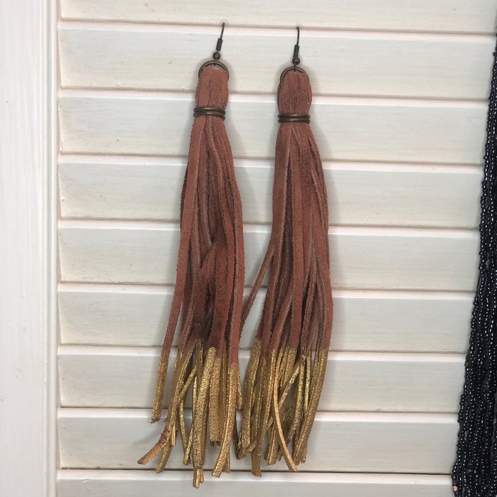 Brown suede and gold dipped tassel earrings